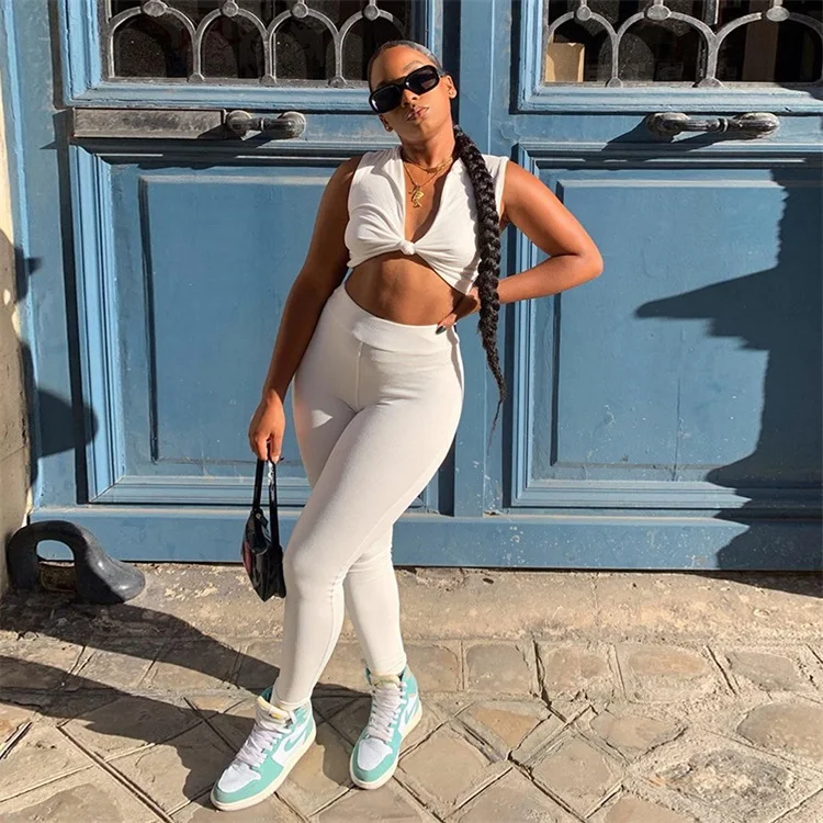 

Piece Set Women Crop Top Sexy Deep V Neck Women Skinny Trouser Pants Set, Black,rice white