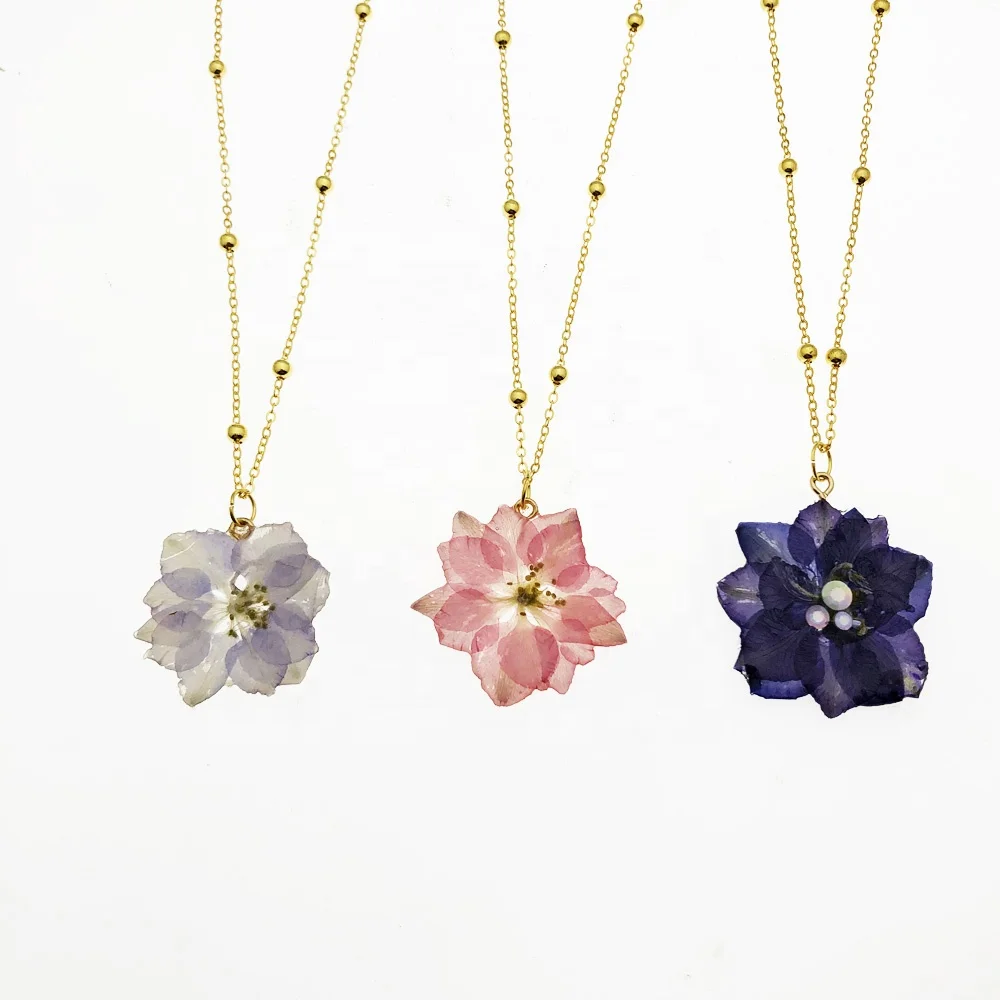 

18k gold plated adjustable natural epoxy resin July Birth Flower Delphinium grandiflorum Larkspur necklace women