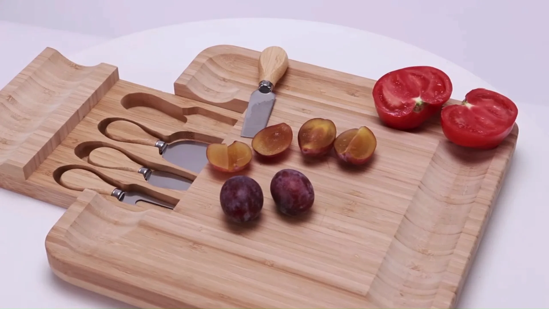 Large Bamboo Cheese Cutting Plates Board Set And Knife Set With Hidden