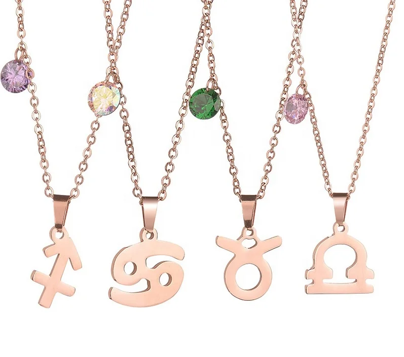 

Retro New Hot Sale Stainless Steel Chain Necklace Rose Gold Simple Zodiac Pendant Charm Statement Titanium Necklace Jewelry, Rose gold/gold