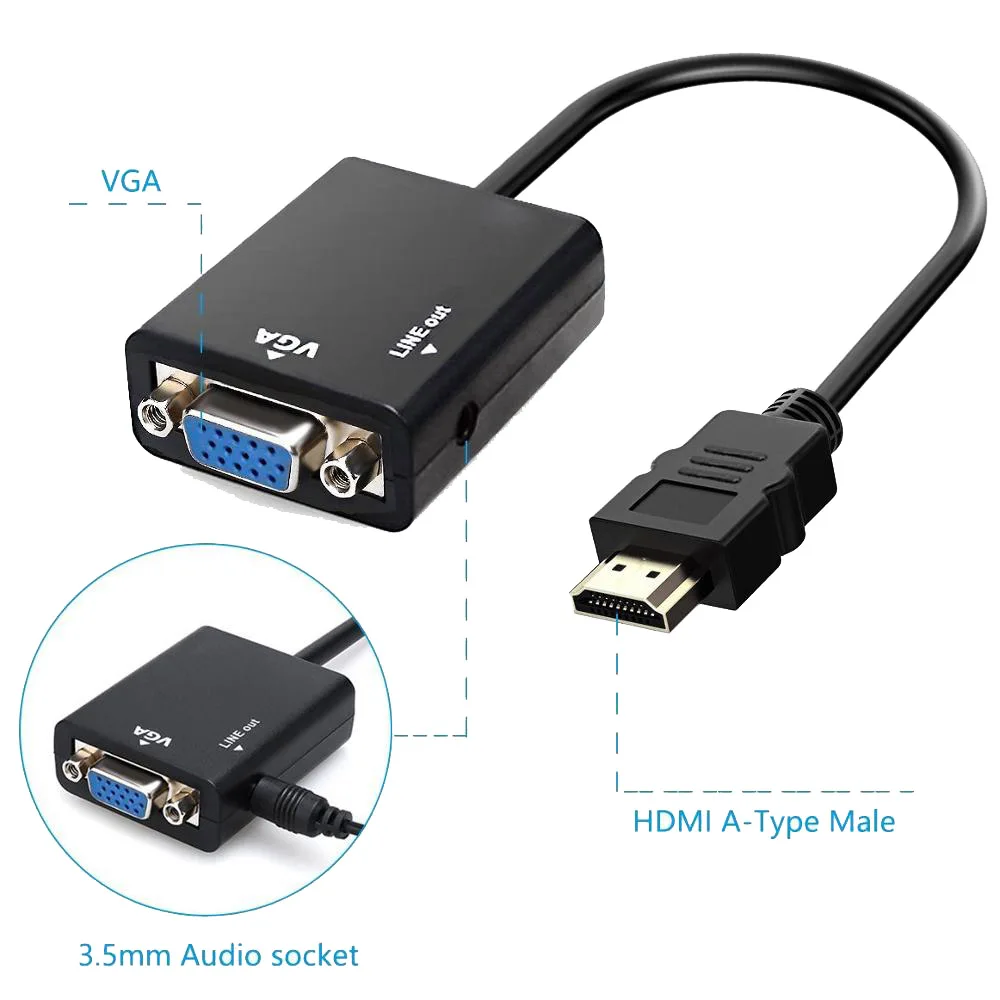 

1080P HDMI to VGA Converter with Audio for Computer Desktop Laptop PC Monitor Projector HDTV Chromebook Raspberry Pi Roku Xbox, Black/white