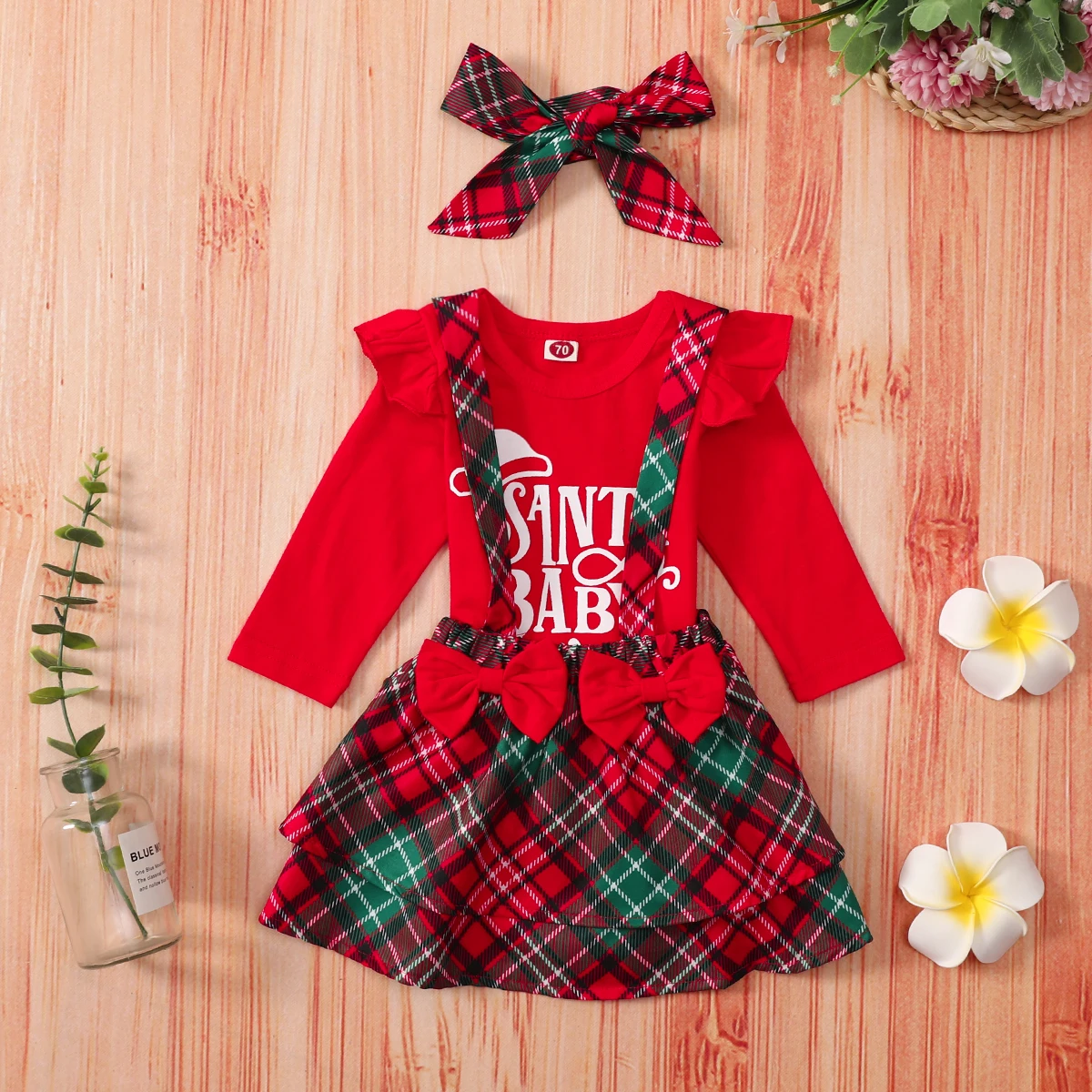 

Santa Baby Newborn Girls Christmas Outfits long sleeve Romper Tops plaid Skirt Headband Clothes set, As image shown