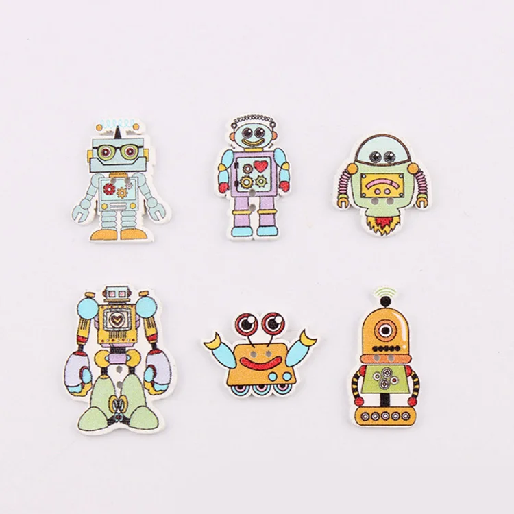 

yiwu wintop factory direct sale creative style two holes mixed robot design wood flat back buttons for diy scrapbooking