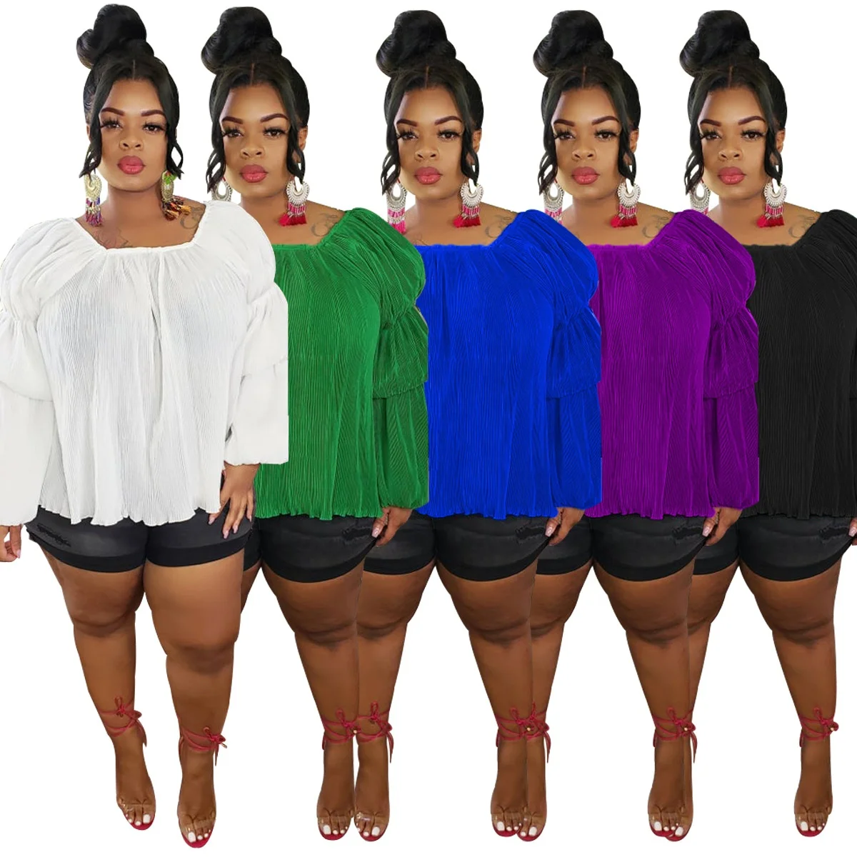 

MT41-7098 Fashion sexy round neck puff sleeve plus size women's blouse