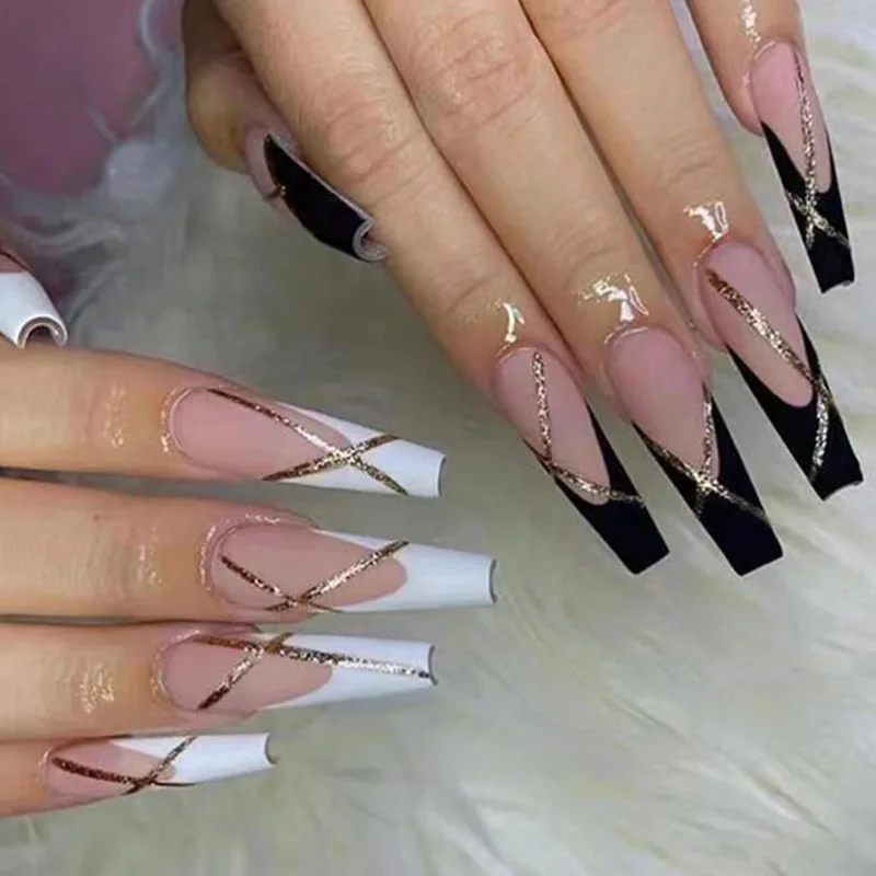 

New Style Long Coffin Press On Luxury Fake Nails Custom Pink & Black Matte Ballerina Nail Tips Artificial False Nails