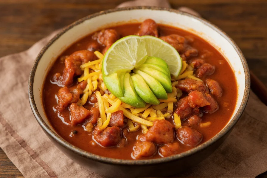 Southwest chili served in bowl with avocado, cheese, and lime garnish on wooden table