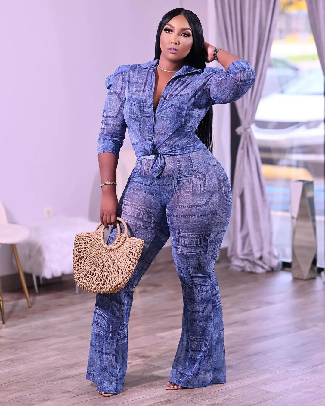 

Wholesale Fashion Ladies Casual Turndown Neck Top And Flare Pants Outfits Plus Size 2 Pieces Sets Women Clothing