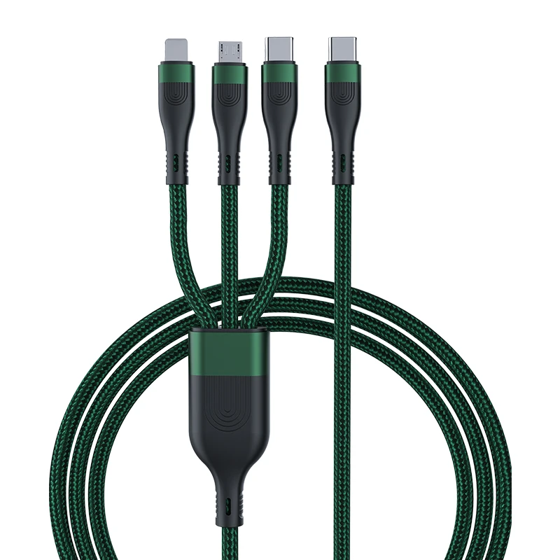 

3 In 1 Usb Charger Cable Nylon Braided Fast Charge Android Type-c Phone Triple Charge Line Wired Cord, Dark green, orange red, black gold