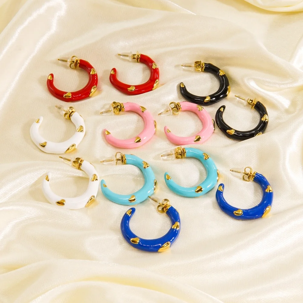 

New Arrival Jewelry C Shape Geometric Enamel Hoop Earring Stainless Steel Candy Color Hoop Earrings