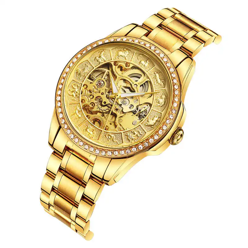 

Charm 12 Chinese Zodiac Gold Watch For Mens Carving Skeleton Swiss Movement Wristwatches Relojes Automatic Mechanical Watches