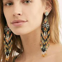 

Bohemian Ethnic Handmade Fringe Statement Beaded Tassel Earrings Long Seed Bead Tassel Earrings
