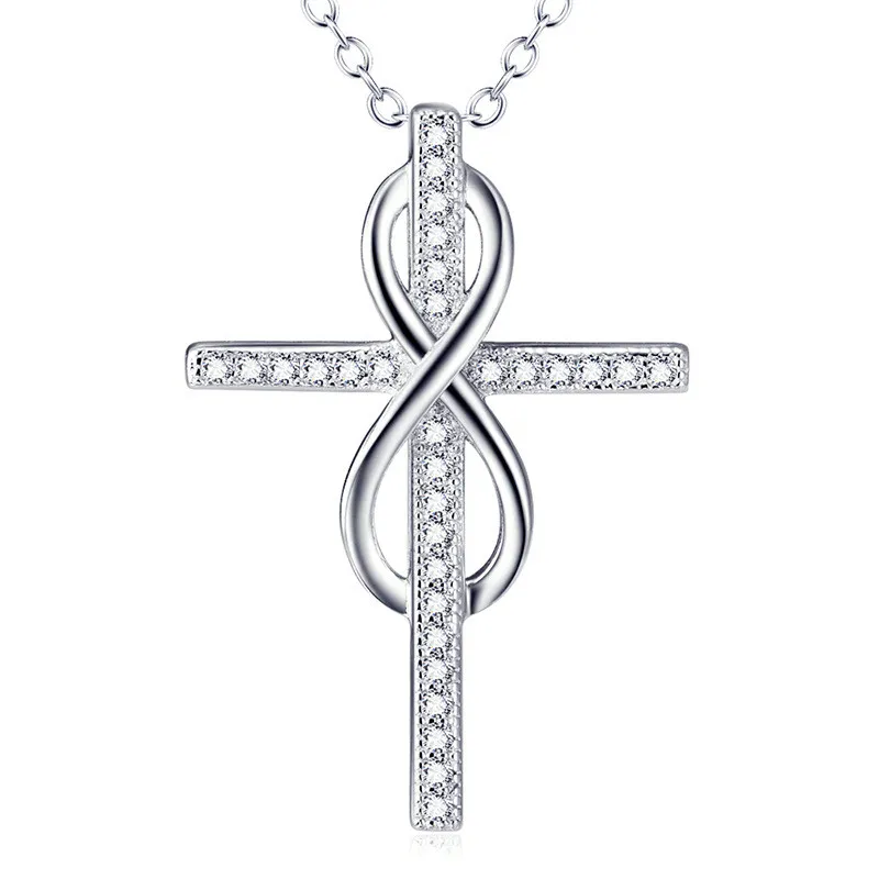 

S925 sterling silver jewellery, cross shape inlaid zircon necklace, Silver color