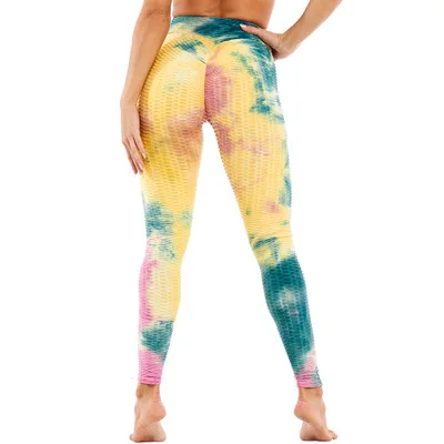 

High waist lift hip tight sports Leggings fitness tie dye jacquard Anti Cellulite Compression bottoming yoga pants, Black and yellow, red and pink, orange and blue, blue and white,