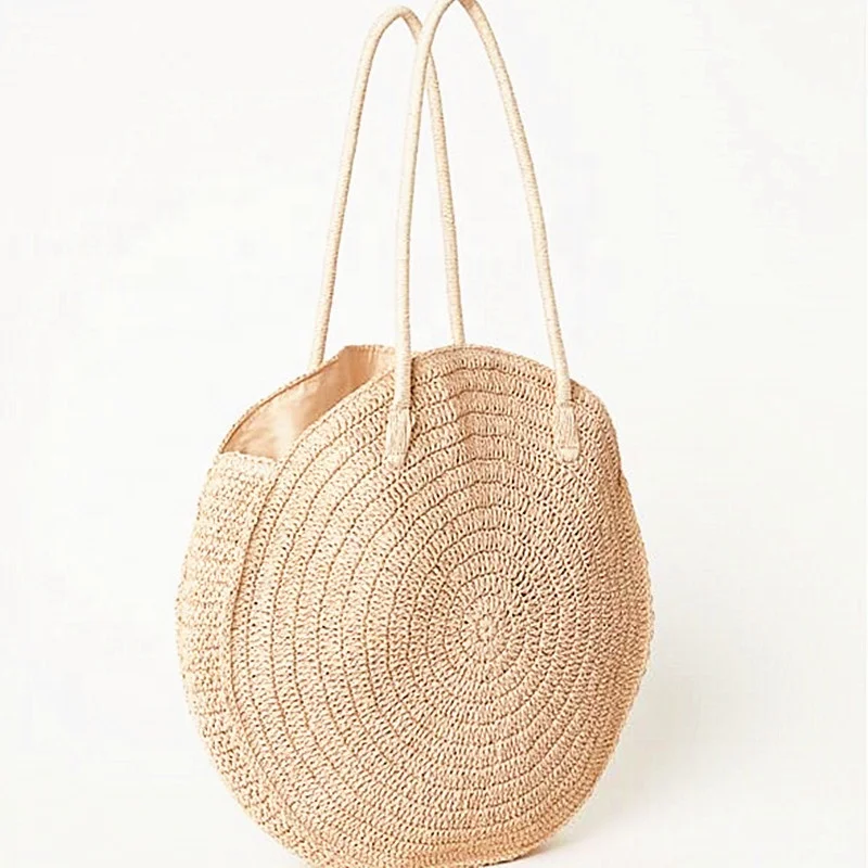 

High quality handmade bali straw woven handbag summer eco friendly round paper straw tote bag large for women, Beige