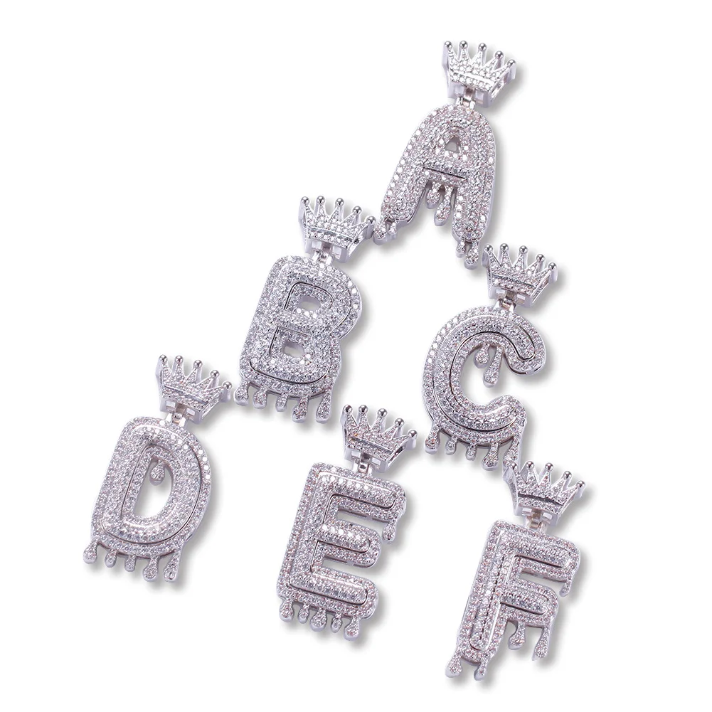 

Trendy Cz Hip Hop Jewelry Silver Alphabet Ice Out Diamond Zirconia a- z Crown Drip Letter Initial Pendant, Gold/silver