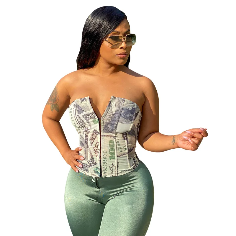

Fall Clothing For Women Sleeveless Sexy Corsets And Bustiers Money Print Corset Crop Top