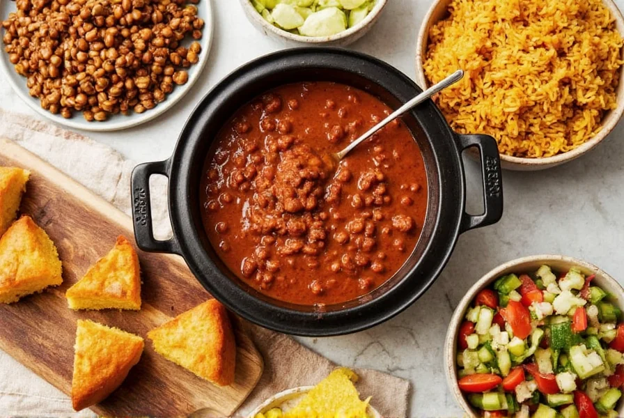 Assortment of chili side dishes including cornbread, rice, and salad arranged around a bowl of steaming chili