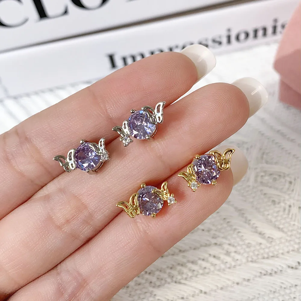 

2022 Butterfly Design Charming Women's 18K Gold Plated Fashion Stud Earrings Purple Zircon Stud Earrings