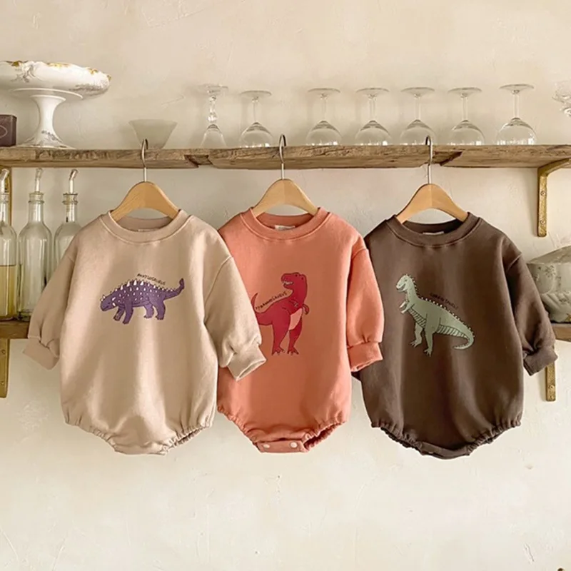 

2021 fashion autumn new baby long-sleeved printing dinosaur romper cotton boy and girl romper jumpsuit, Customized color