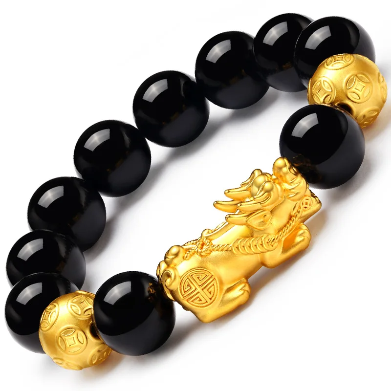 

Dropshipping New Good Luck Wealth Jewelry Black Obsidian Beads PiXiu Bracelet Six Words Feng Shui Prosperity PiXiu Bracelet