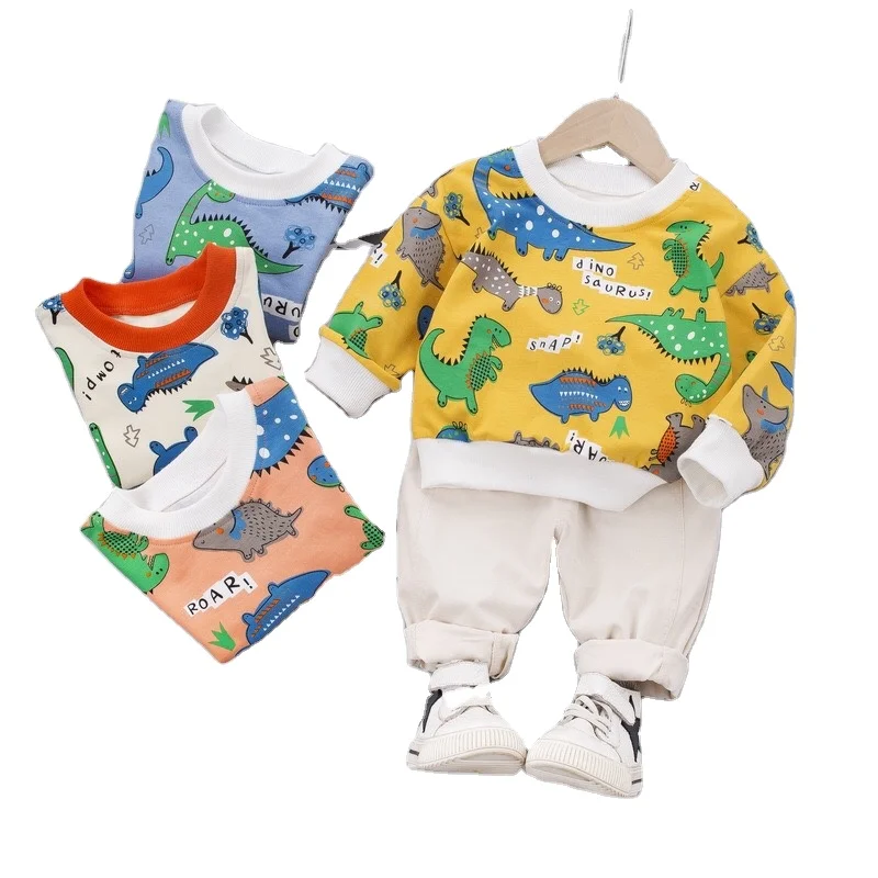 

Wholesale hot sale cheap price beautiful cartoon Dinosaurs printing designs 2pcs sets boys kids children cloth