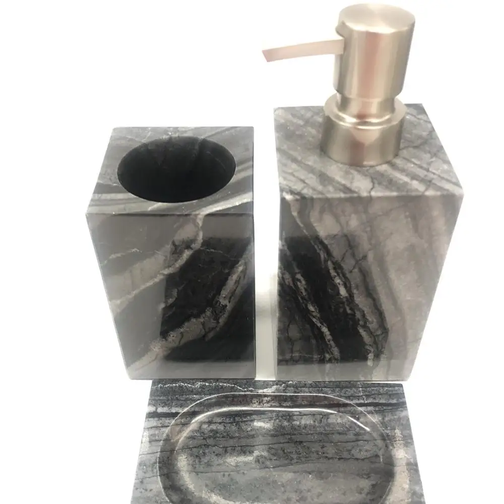

Natural Stone 3 pcs and 4 pieces Bathroom Accessories Custom Soap Dish Shower Bottle Sets for Hotel Vanity