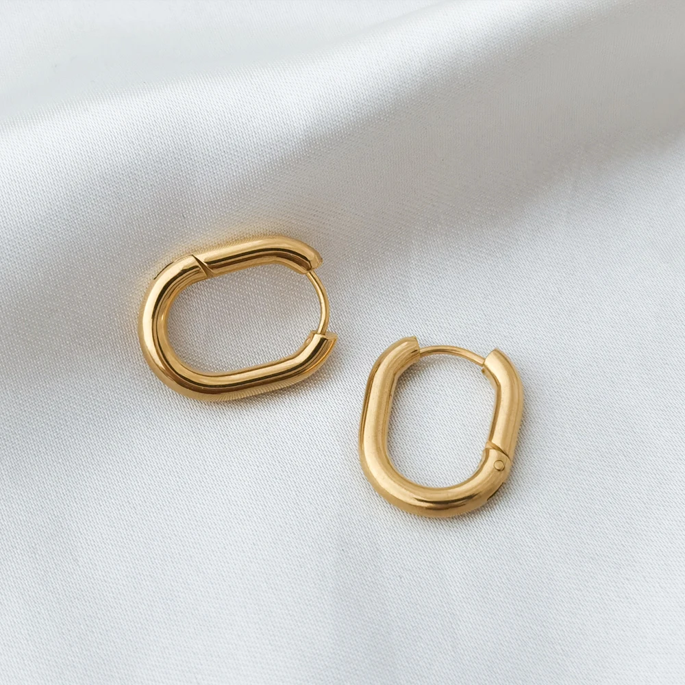 

Dainty 18K Gold Plated French Modern Stainless Steel Thick Oval Huggie Hoop Earrings Geometric Earrings for Women