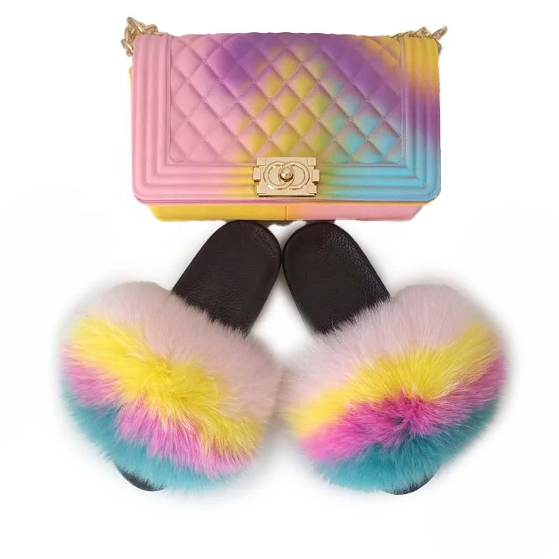 

Chinese wholesale fluffy custom furry fur slides for ladies rubber summer pvc slipper raccoon fox fur slippers for women, Custom color