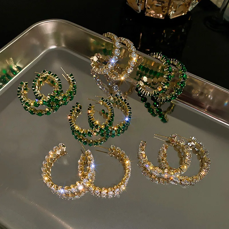 

HOVANCI Exaggerated Hoop High End Green Women Earrings C-shaped 925 Silver Stud High Quality Crystal Hoop earrings