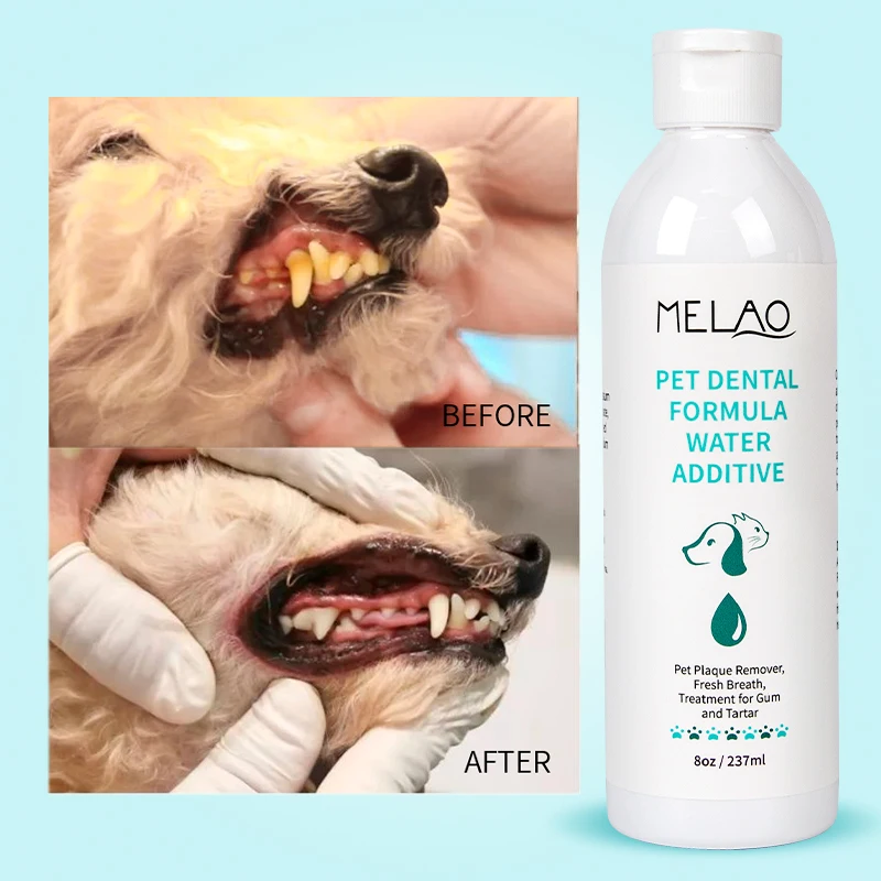 

01 MELAO Dog Breath Freshener Water Additive for Pet Dental Care Natural Works to Solve The Cause of Bad Dog Breath