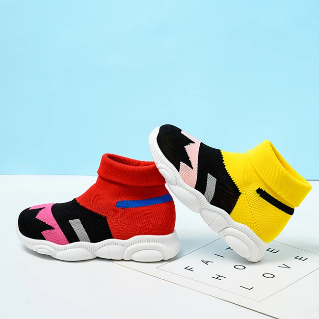 

Wholesale Casual Fashion Lovely Child Sneakers Breathable Anti-slip Knitted Shoe for Kids, Red and yellow