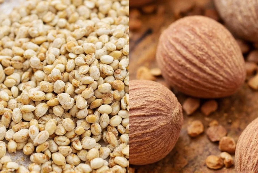 Chef grating fresh nutmeg over a creamy pasta dish with mace blades visible in a small bowl nearby