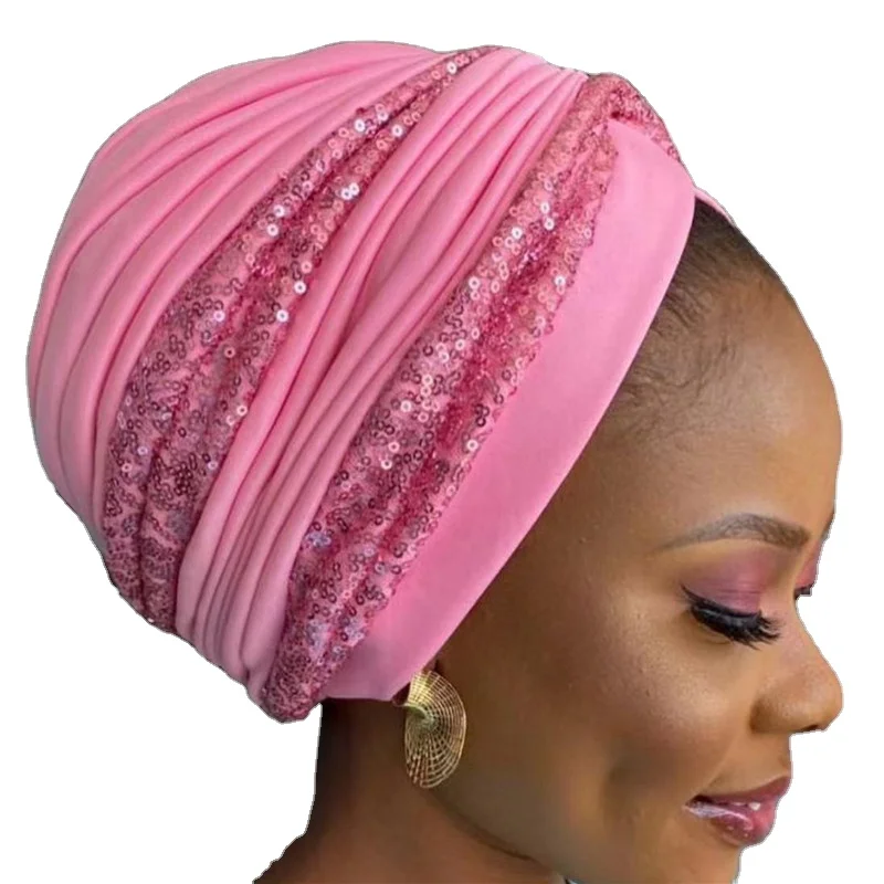 

Wholesale 2022 New Designer Women African Cap Bonnet Hijab Fashion Glitter Rhinestone Stretch Women's Gele Turban Hat