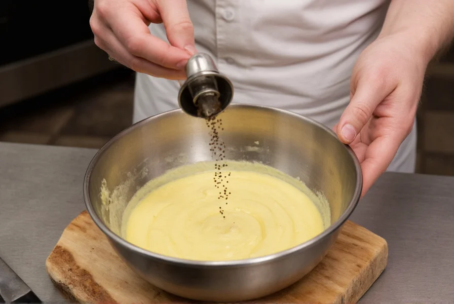 Chef grinding fresh black pepper into mayonnaise in stainless steel bowl