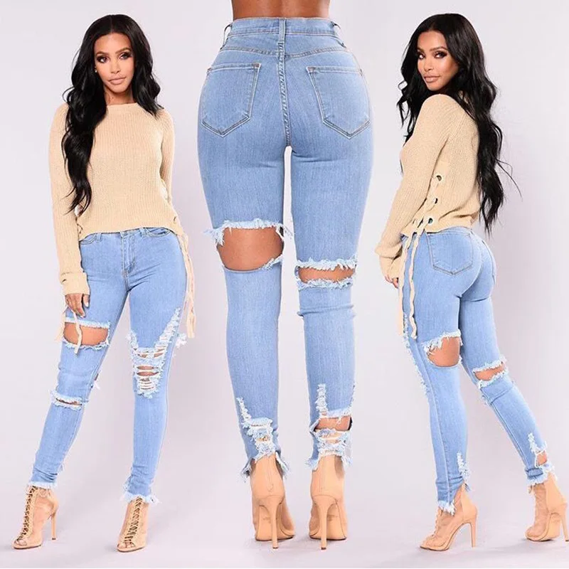 

2021 Washing High Waist Design Demin Pencil Feet Pants Stretch Women Ripped Jeans Jins, Light blue