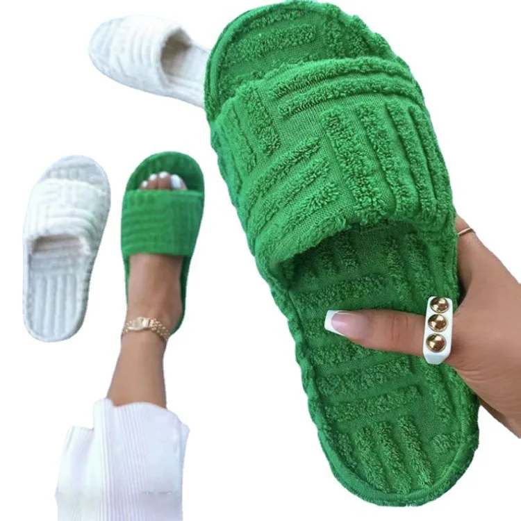 

Peep Toe Thick Sole Women Slippers Green Corduroy Flat Outwear Ladies Slides Summer Autumn Shoes Luxury Brand Women 2022