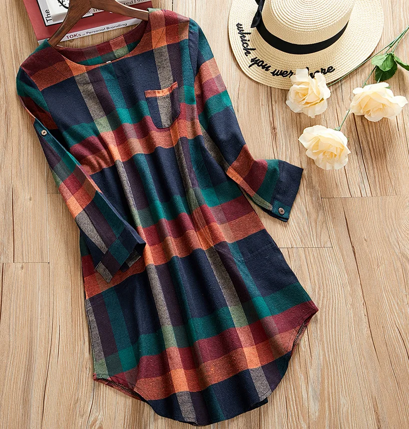

Ladies Plus Size Plaid dress Print Short Sleeve Loose Pocket O-Neck Shirtdress Casual Vintage Dress