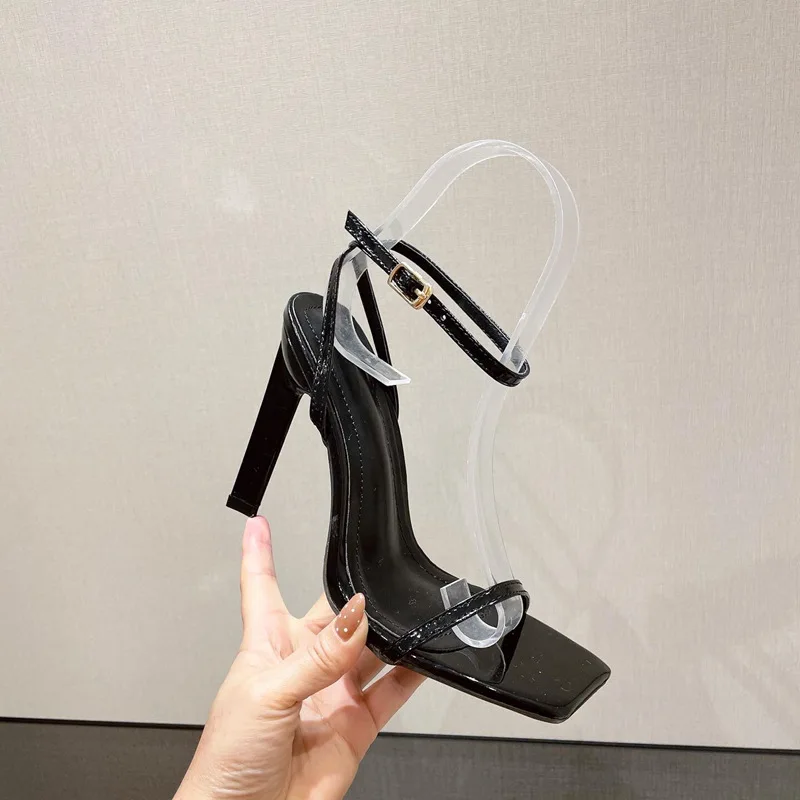 

BUSY GIRL XSD3416 Women's square toe block heel heels shallow buckle plastic single shoe lace-up splicing heeled sandals