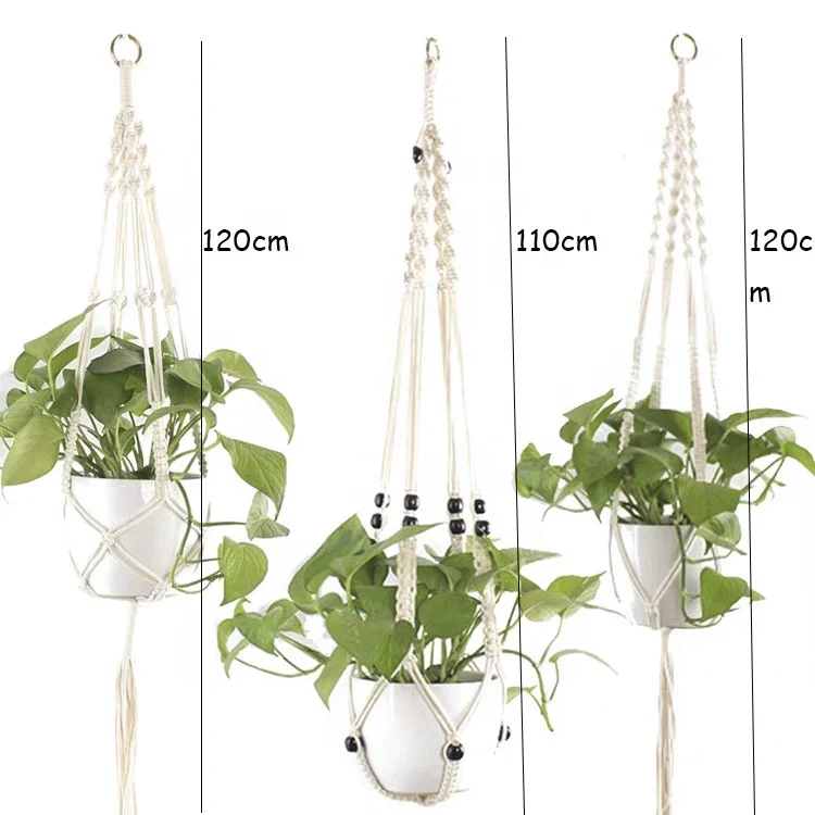

Hand-woven cotton rope plant pot hanger three-piece suit, White.etc