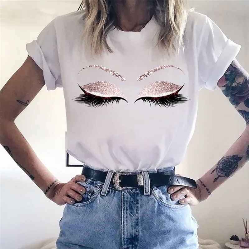 

2021 New Arrival Fashion Short Sleeve Round Neck Ladies Eyelash Print T-shirt Camiseta De Mujer, Different colors and support to customized