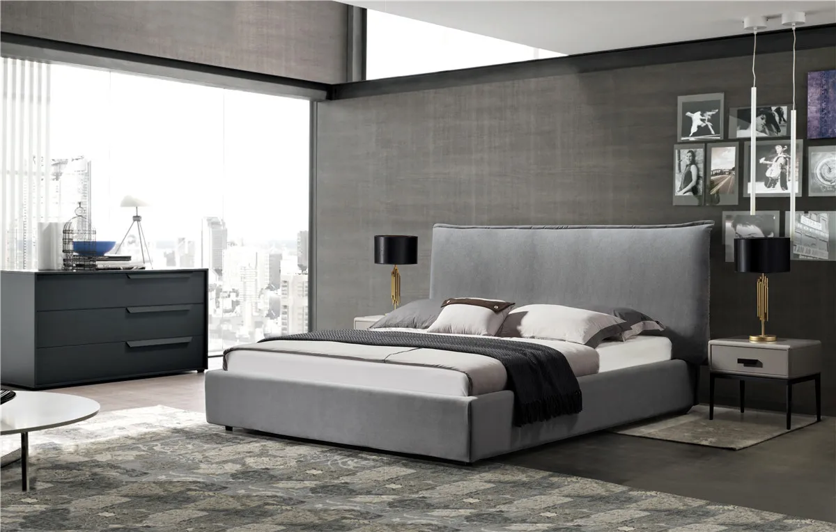 New model grey double large fabric upholstered solid wood bedroom bed