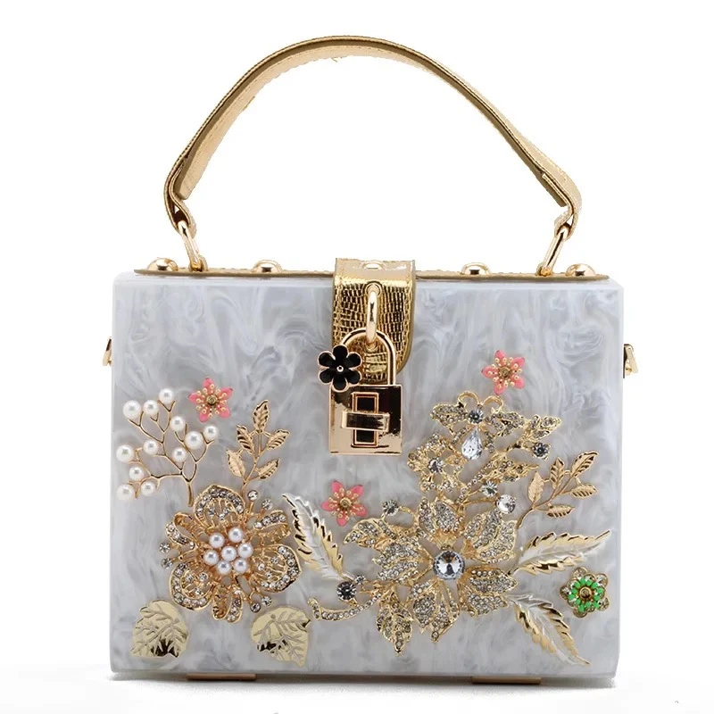 

Trendy Brand Stylish Handbags For Women Rectangle Acrylic Female Luxury Evening Bag Tote Bag With Rhinestone Pearl Decoration, As pictures