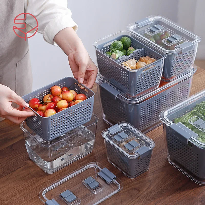 

2021 Hot sell Kitchen furniture Refrigerator food container Drain basket Food Vegetable storage boxes Storage baskets, Grey