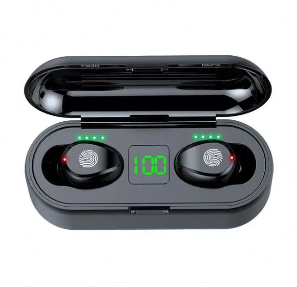 

2021 Hot selling noise cancelling sport wireless earbuds with power bank battery display F9 gaming headset, Black