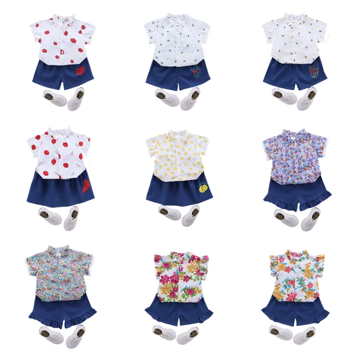 

Summer 2020 girls short sleeve printing lemon sun cat fruit flower top shorts two pieces set kids clothing for wholesale, As pic shows, we can according to your request also