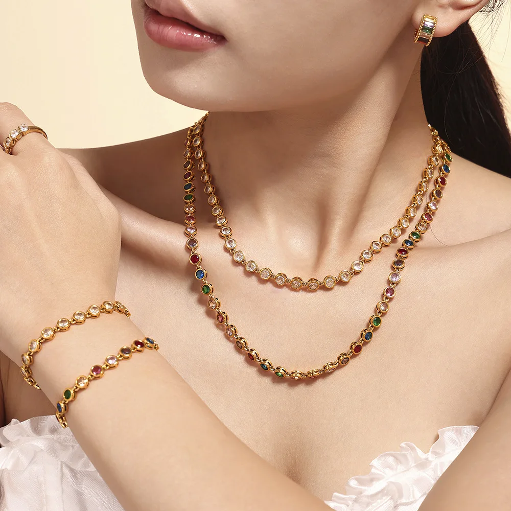 Joolim Jewelry Colorful Round 3A Zirconia Necklace Stainless Steel Fashion Chain Bracelet Set