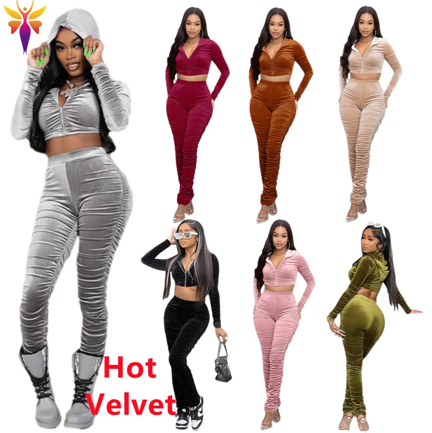 

New product women clothing Zipper Crop velour hoodie tracksuit Stacked joggers women winter Velvet matching two piece pants set, Picture color