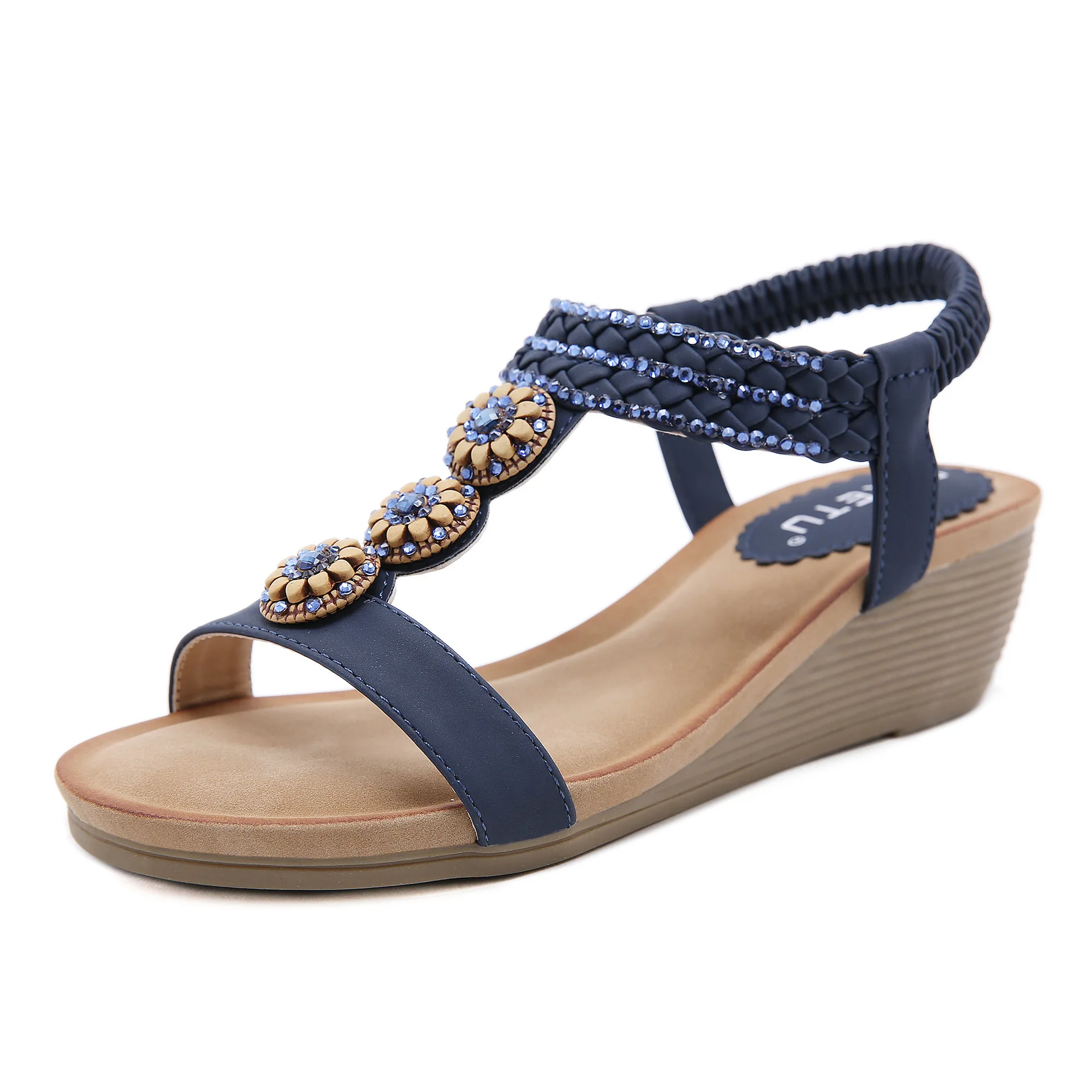 

S837 2021 new wood bead rhinestone bohemian wedge sandals