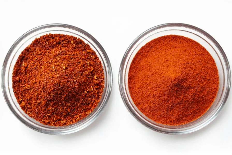 Close-up comparison of red pepper flakes and chili flakes in separate glass bowls showing subtle color differences