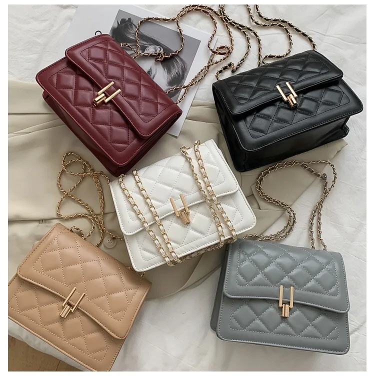

2021 New Fashion Chain Crossbody Bags PU Small Bags Women Handbags Ladies Simple Pattern Custom Logo Women's Shoulder Bags, Gray, white, black, red, khaki